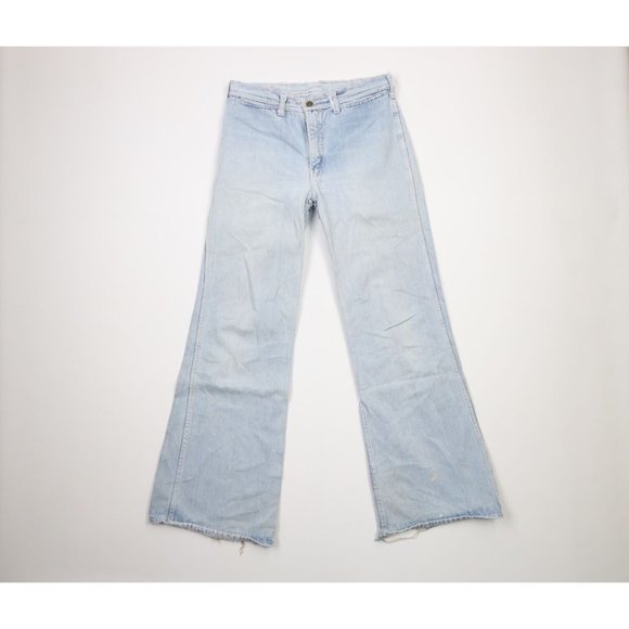 Vintage 70s Hang Ten Surfing Medium Distressed Wide Leg Bell Bottoms Jeans